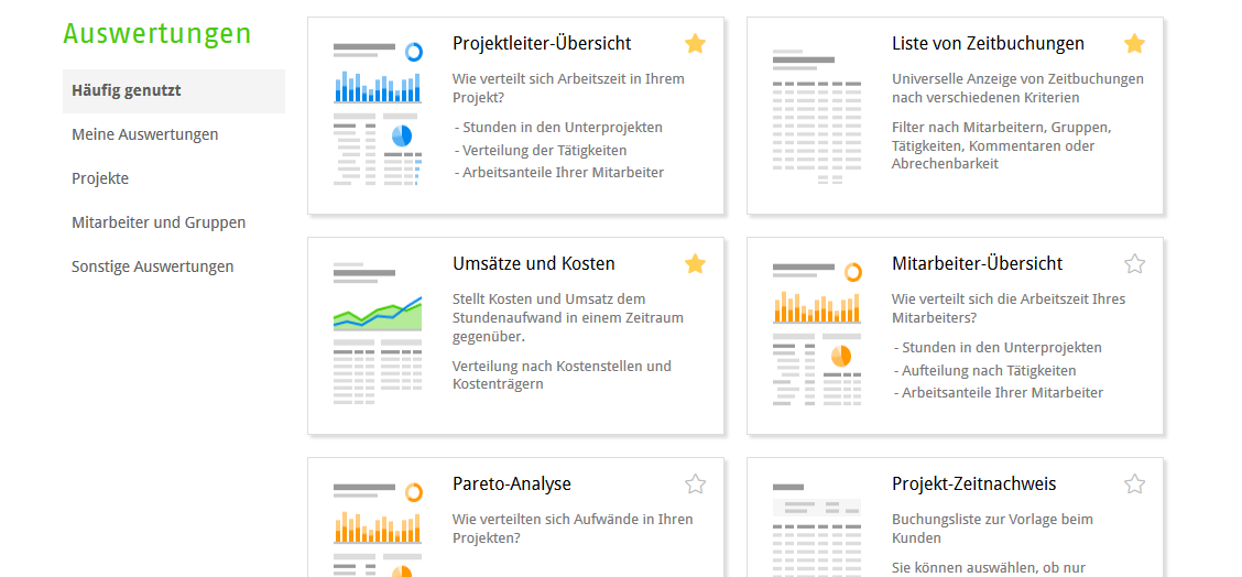 Screenshot: Auswahl der Auswertungen in der Zeiterfassung
