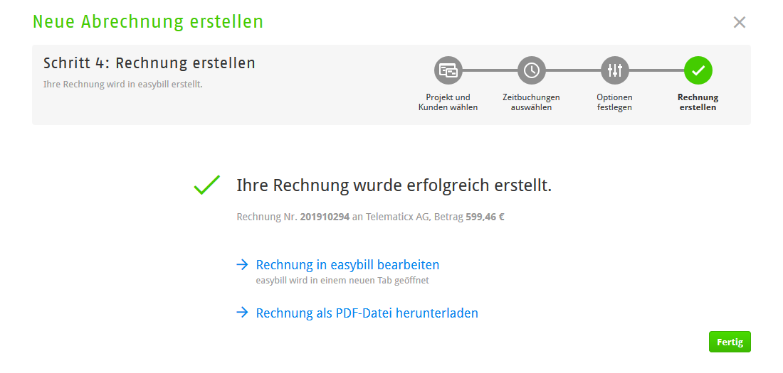 Die Rechnung wurde erfolgreich erstellt.