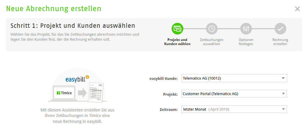 Schritt 1: Projekt, Kunden und Zeitraum in der Zeiterfassung wählen