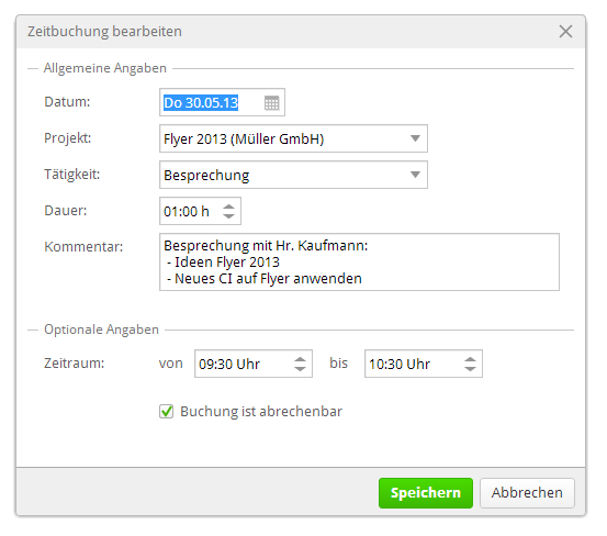 Dialog "Zeitbuchung bearbeiten"