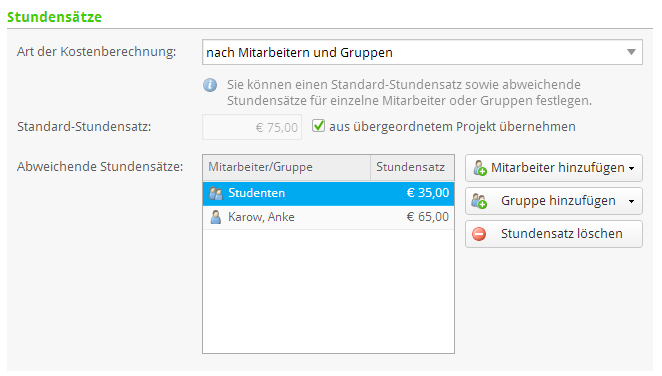 Einstellung Projekt-Stundensatz