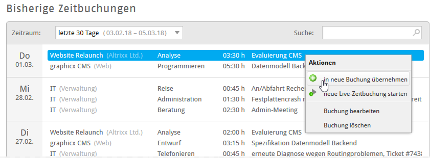 Kontextmenü zum Duplizieren vorhandener Zeitbuchungen