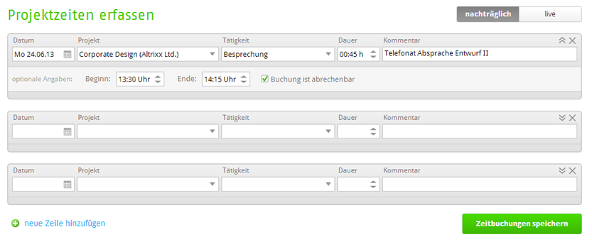 Projektzeiten nachtträglich erfassen