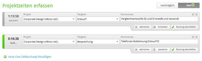 Liste der laufenden Live-Zeitbuchungen