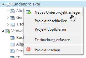 Menü Neues Unterprojekt anlegen