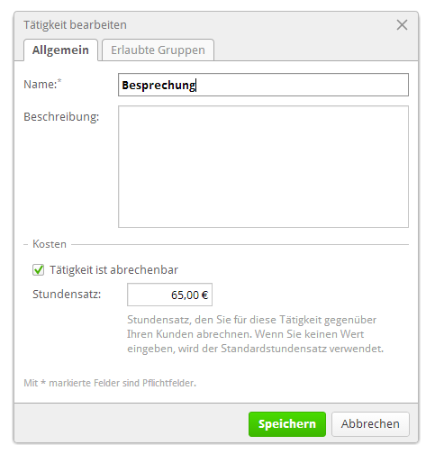 Dialog "Tätigkeit bearbeiten"
