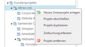 Kontextmenü bei Rechtsklick auf ein Projekt