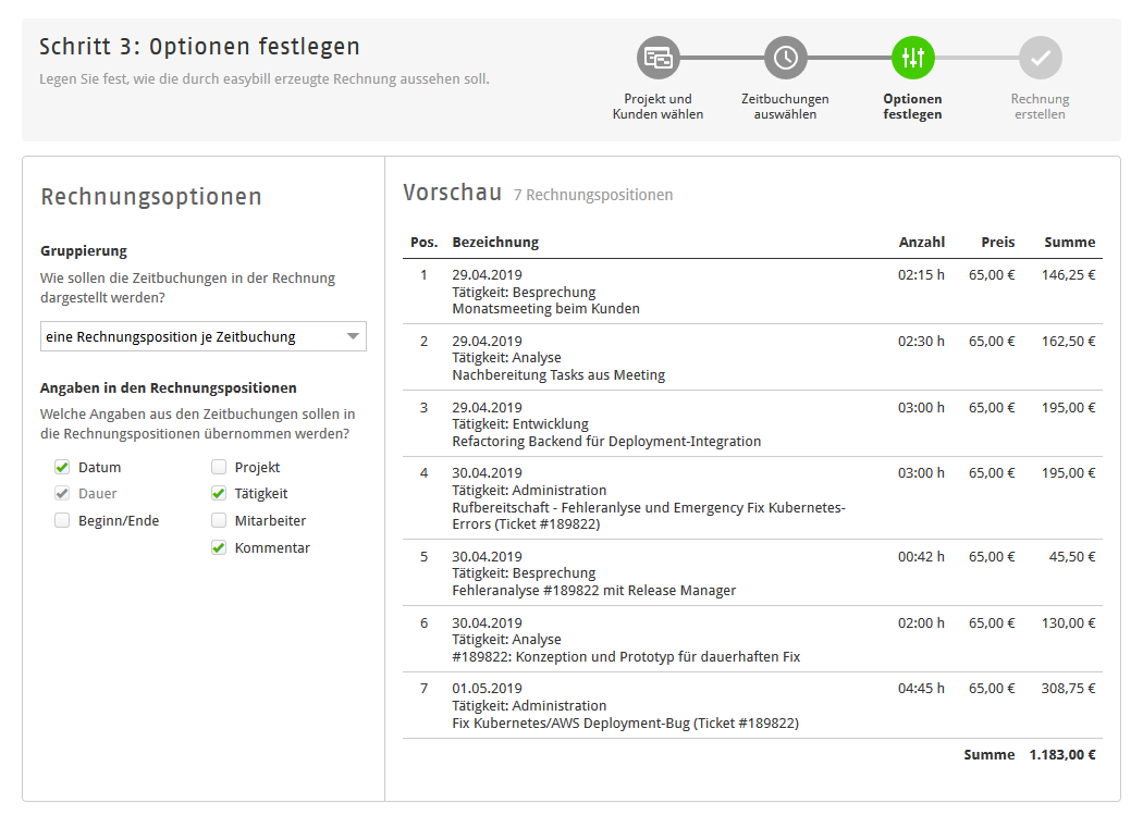 Schritt 3: Optionen für Rechnungspositionen festlegen