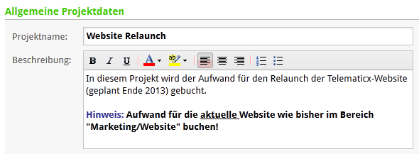 Beschreibung eines Projektes in der Zeiterfassung