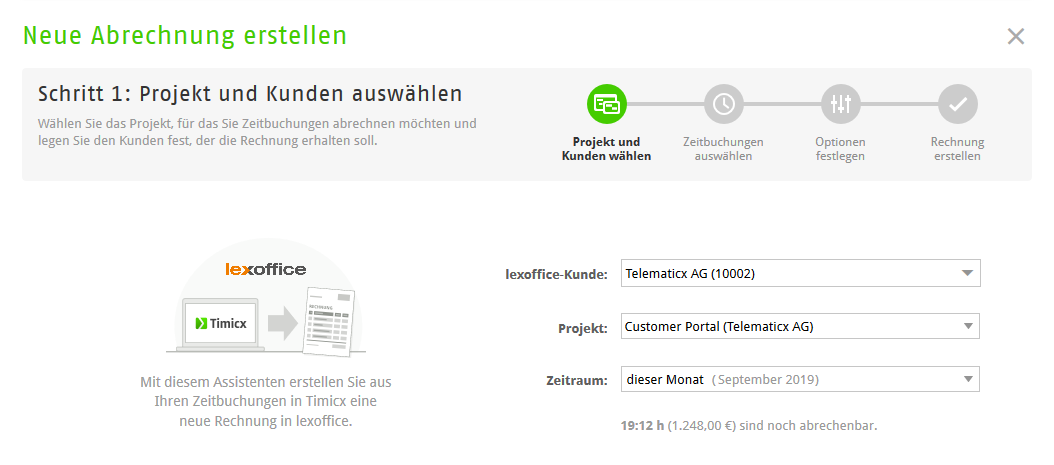 Schritt 1: Projekt, Kunden und Zeitraum in der Zeiterfassung wählen