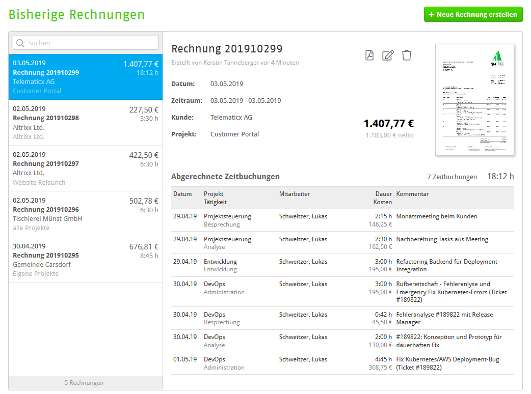 Übersicht der bereits erstellen Rechnungen