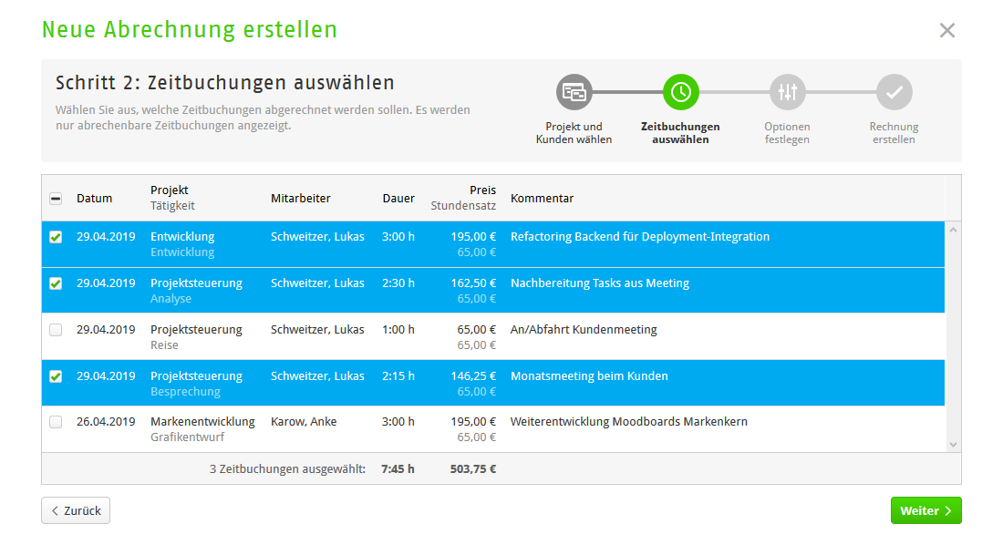 Zeitbuchungen auswählen, die abgerechnet werden sollen