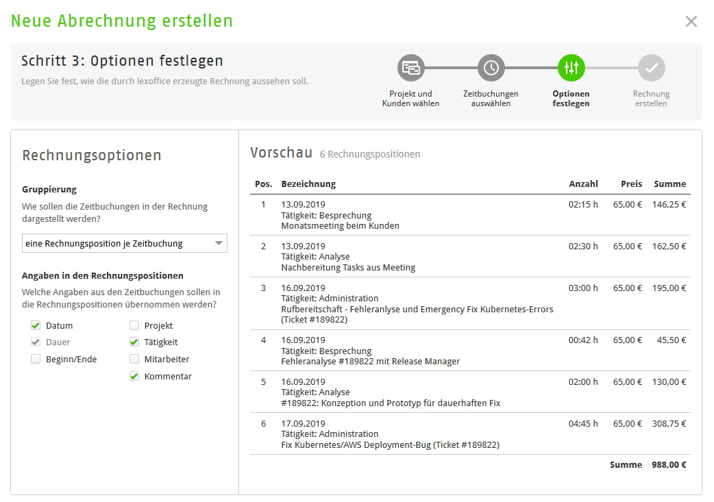 Schritt 3: Optionen für Rechnungspositionen festlegen