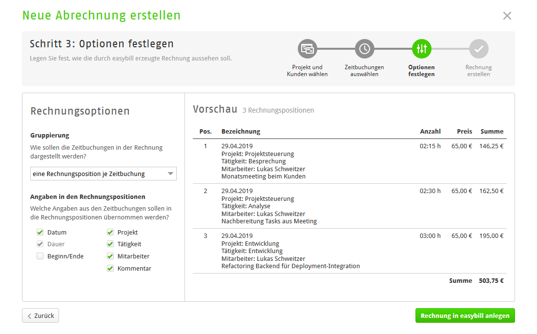 Wählen Sie aus, wie Rechnungspositionen aus Zeiteinträgen  erstellt werden sollen.