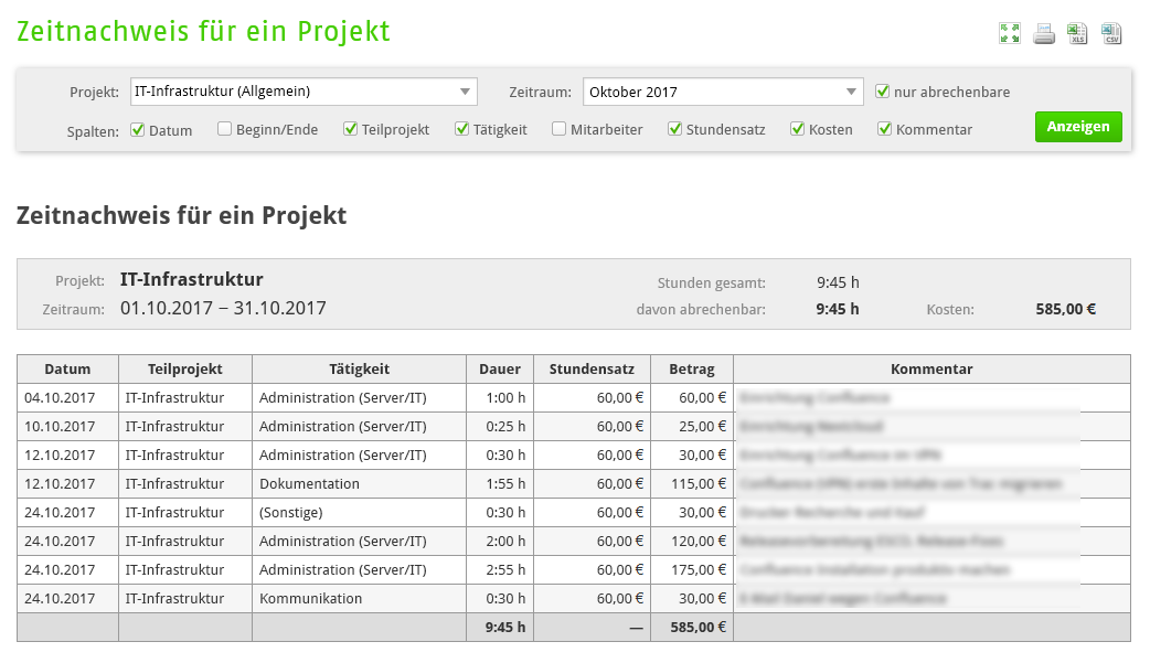 Zeiterfassung: Auswertung "Zeitnachweis für ein Projekt"