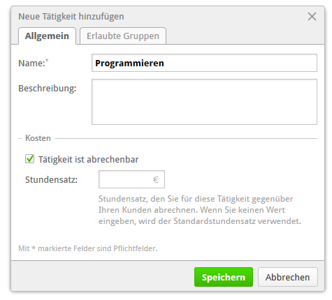 Dialog Neue Tätigkeit hinzufügen