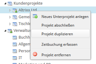 Screenshot: Projektaktionen