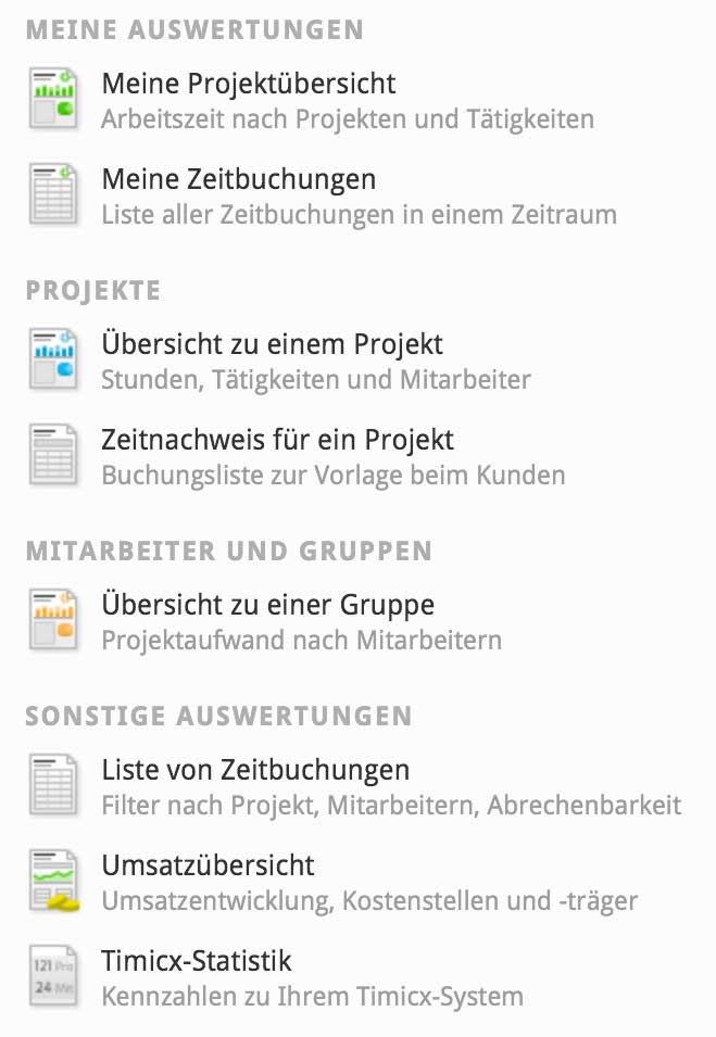 Screenshot: Lister der Auswertungen in Timicx