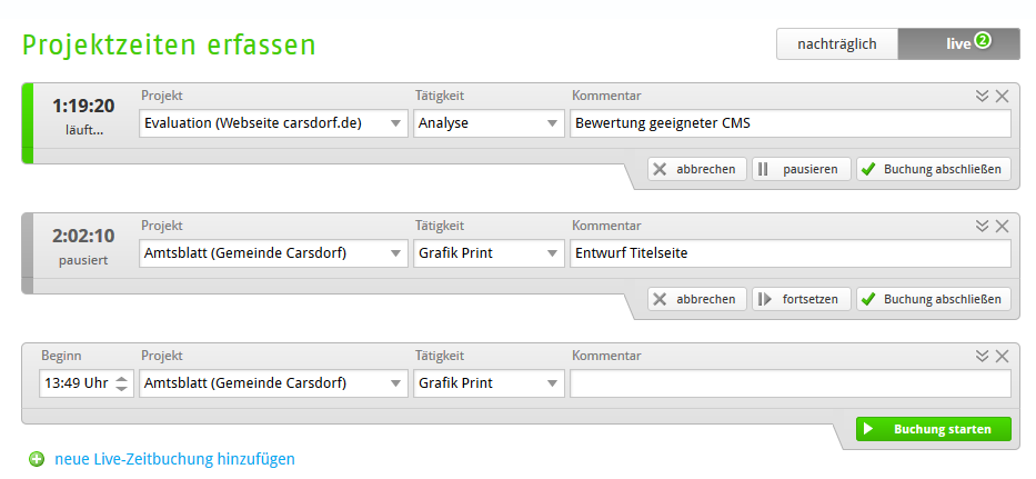 Screenshot: Live-Zeiterfassung