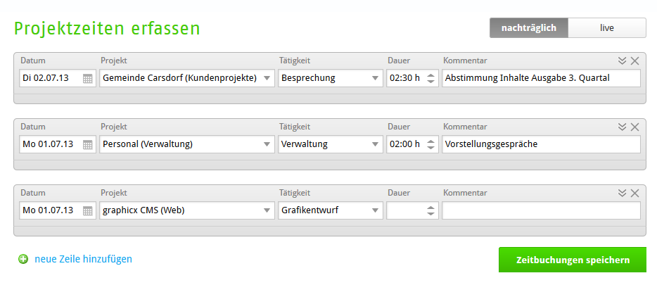 Screenshot: Nachträgliche Zeiterfassung