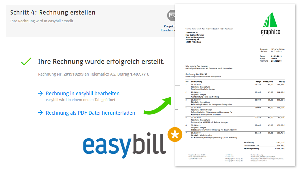 Rechnung in easybill aus der Zeiterfassung erstellen