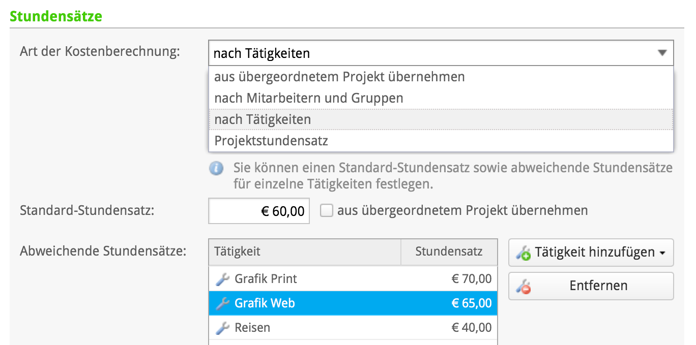 Screenshot: Stundensätze in Timicx