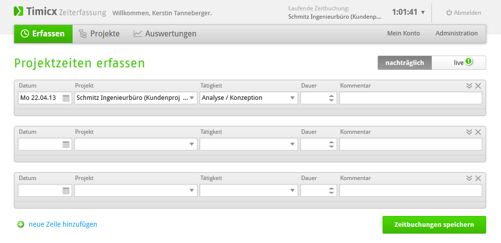 Screenshot: Zeiten erfassen
