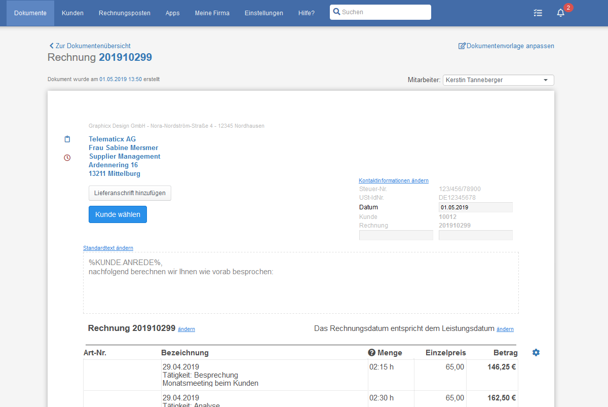 Screenshot: Rechnung bearbeiten in easybill