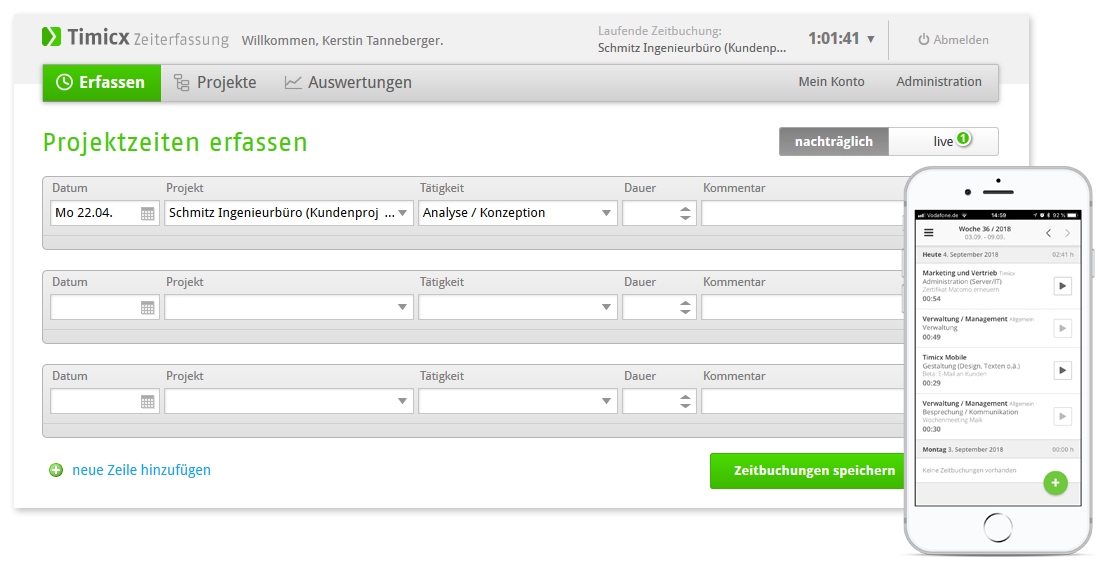 Screenshot: Zeiten erfassen mit Timicx